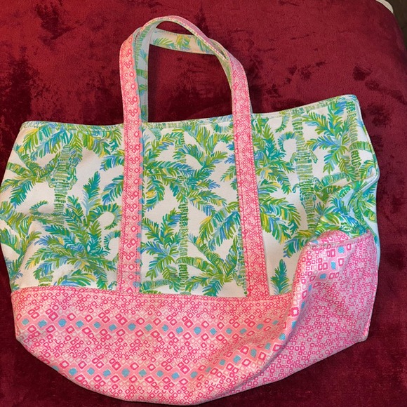 Lilly Pulitzer Canvas Tote Bag Tropical Palm Print Pink Green Beach Bag - Picture 2 of 12